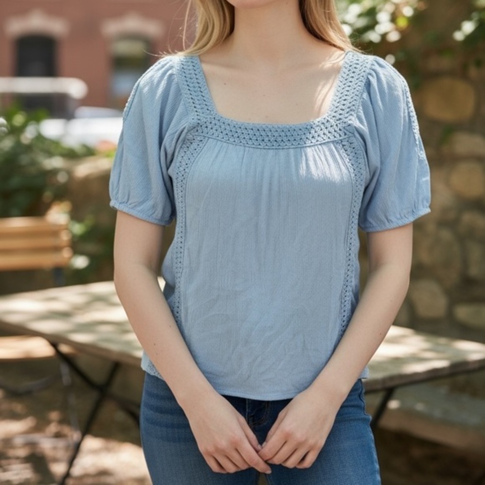 Farmers Market Women's Top Size Small Cottagecore Baby Blue Blouse